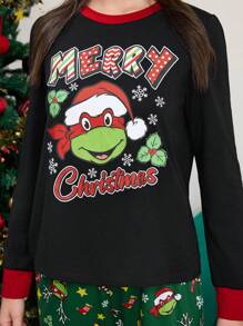 TEENAGE MUTANT NINJA TURTLES | SHEIN Women's Christmas Cartoon Letter Print Long Sleeve Top And Long Pants Pajama Set Clothes