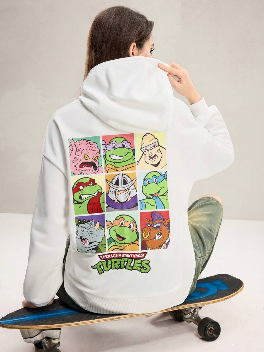 TEENAGE MUTANT NINJA TURTLES | SHEIN Women's Casual Cartoon & Slogan Print Drop Shoulder Loose Pouch Pocket Drawstring Hoodie Sweatshirt, Spring Autumn