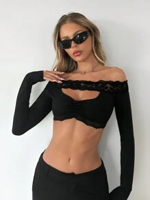 SHEIN ICON Slim Fit Lace Splicing Hollow Collar Off-Shoulder Ladies Blouse - Black - View 2