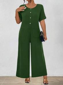 SHEIN Unity Plus Size Solid Color Crew Neck Romper With Pockets, Short Sleeve - Green - View 2