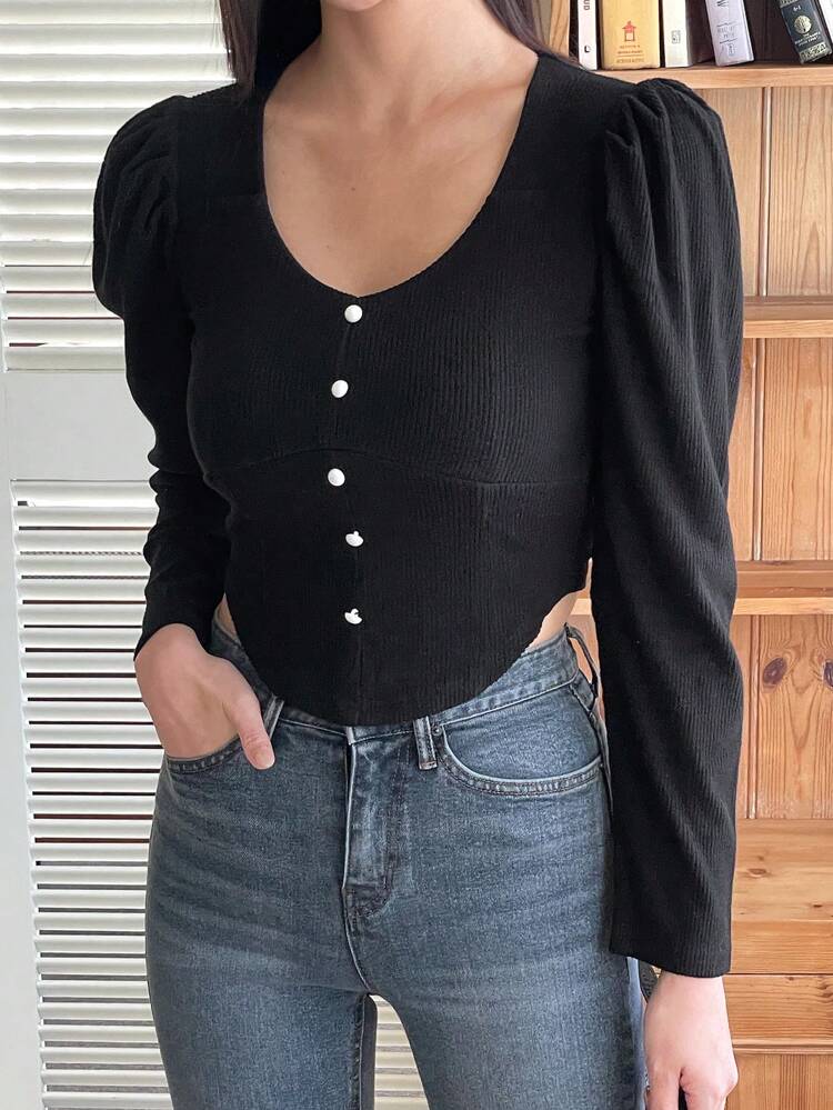 Women's Casual Solid Color Puff Sleeve T-Shirt, Autumn Long Sleeve Women Tops