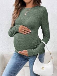 SHEIN Effen kleur zwangerschaps T-shirt met ronde hals en lange mouwen, getailleerd, lente en herfst