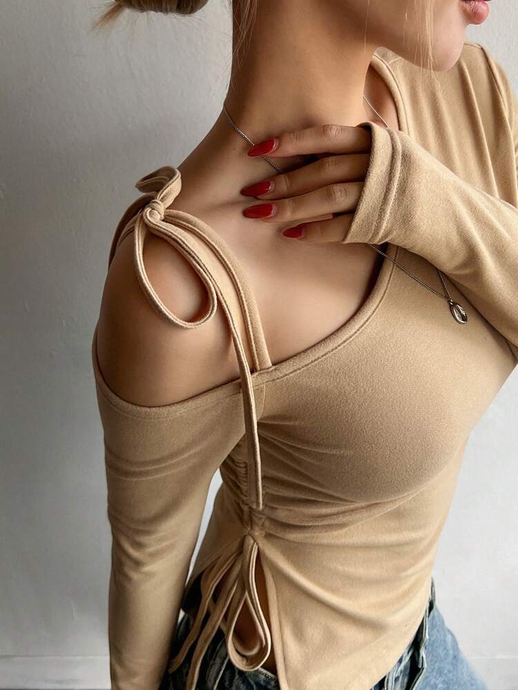 Women's Solid Color Lace-Up Open Shoulder Fashionable Spring/Autumn T-Shirt Long Sleeve Women Tops