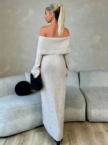 Chiquease Einfaches Lässig Kleid mit langen Ärmeln und Off-Shoulder Einfarbig