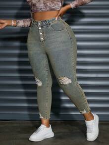 SHEIN Essnce Plus Size Autumn Casual Cat Whisker Distressed Skinny Jeans - Yellow - View 3