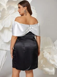 SHEIN Belle Plus Size Women's Elegant,Formal Party Dress,Black And White Off Shoulder Spring Contrast Color Cocktail Semi Formal Prom Dress For Wedding Guest - Black and White - View 2