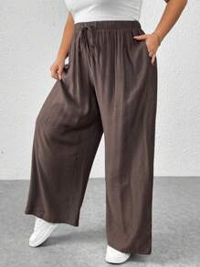 SHEIN CURVE+ Pantalones largos con cordón en la cintura de unicolor para mujer tallas grandes - Marrón - Ver 7