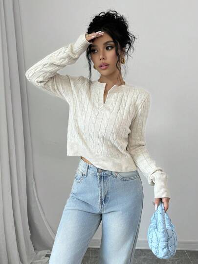 Selianne Women V-Neck Long Sleeve Solid Color Casual Cropped Sweater, Autumn/Winter,Long Sleeve Tops Knit Pullover Fall Outfit