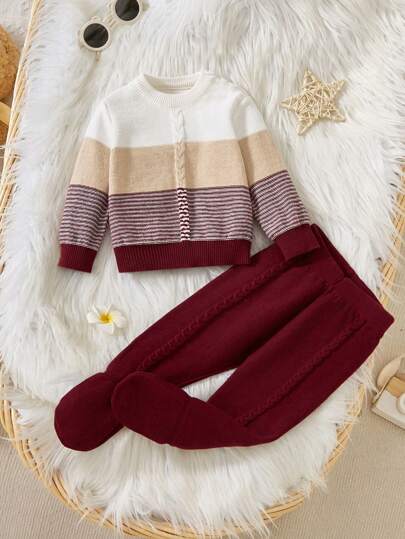 2 件装男婴多色拼布休闲时尚可爱柔软舒适简约温暖撞色针织毛衣套装长袖毛衣配脚裤，适合日常穿着、户外穿着、派对、秋冬季