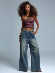 MUSERA Sexy PU Ruched Tube Top Summer Ibiza Going Out Tops Festival Spring Holiday - Coffee Brown - View 4