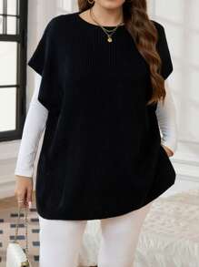 SHEIN LUNE Plus Size Women's Solid Color Loose Crew Neck Knit Sweater Vest, Fall/Winter - Black - View 5