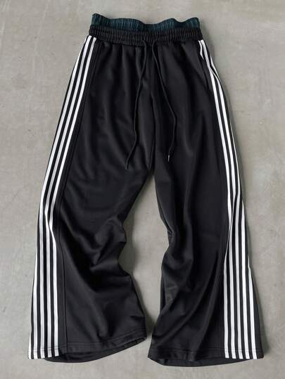 STYNVO 男士休闲运动条纹双层松紧腰阔腿运动裤，秋季外出街头穿抽绳拼色运动裤，适合老公、男友礼物