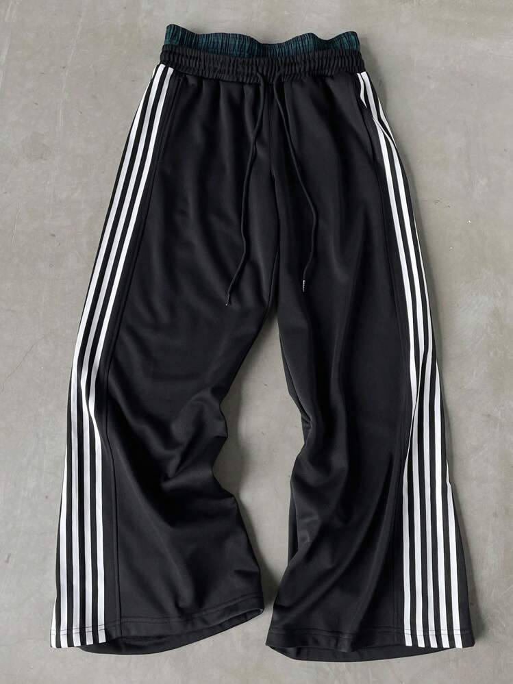STYNVO Men's Black And White Striped Autumn Streetwear Workout Sweatpants,Casual Sports Double Layer Elastic Waist Wide Leg Drawstring Color Block Trousers - Black - View 1