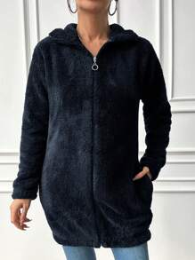EURMUSE Chaqueta con capucha de manga larga de forro polar de unicolor para mujer, otoño/invierno - Azul Marino - Ver 4