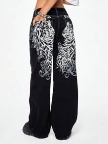 ROMWE Grunge Punk Women's Halloween Cross & Vine Wing Print Wide Leg Boy Friend Jeans