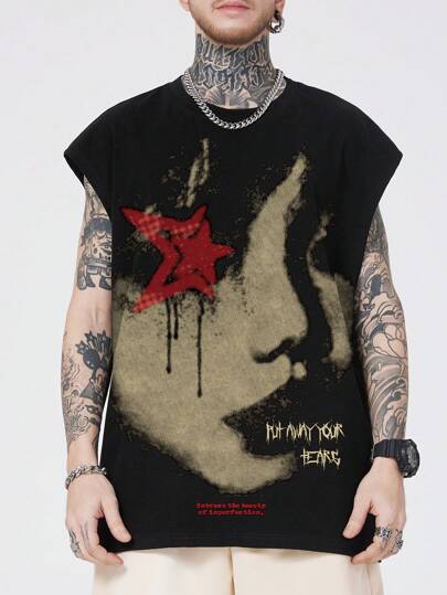 Street Life Camiseta de tirantes de verano para hombre con estampado de rostro y eslogan, escolar