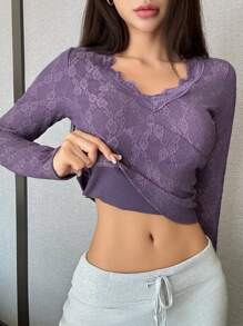 DAZY Lace Trim Fitted Sleepwear Top, Thermal Lined Fall,Winter Pajama