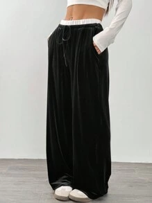 SHEIN EZwear 女士 Air Layer 休闲贴布细节阔腿七分裤 - 黑色 - 查看 4