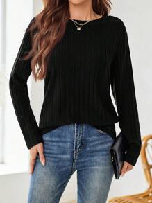 EMERY ROSE Fall Women Clothes Dark Blue Round-Neck Long-Sleeve T-Shirt For Autumn