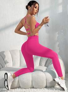 SHEIN Sports Bộ đồ thể thao liền mạch không dây hở lưng màu trơn & quần 7/8 dành cho nữ Bộ đồ tập luyện quần legging cho nữ - Màu Hồng Tươi - Xem 3