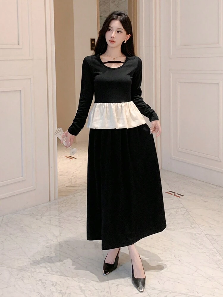 2pcs Women's Contrast Color Patchwork Ruffle Hem Long Sleeve Top And Solid Color Skirt Set,Fall Clothes