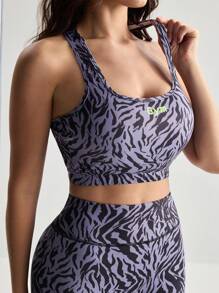 Menodora SHEIN Sport Menodora SHEIN Sport 女士全印花圆领运动胸罩，适合钢管舞和日常健身 - 黑色 - 查看 4