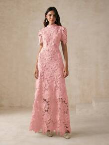 Anewsta Fitted Lace Trim Short Sleeve Dress For Women Maxi Women Outfit - Pink - View 7