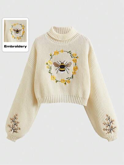 Fairycore pull femme à col montant mi-Top avec broderie d'abeille, épaules tombantes, manches longues