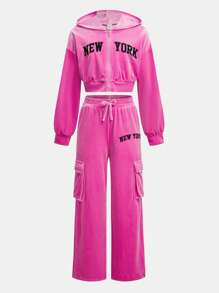 SHEIN Girlism Tween 女童纯粉色落肩字母刺绣长袖拉链连帽短款夹克带口袋和阔腿工装裤 2 件/套 - 粉色 - 查看 2