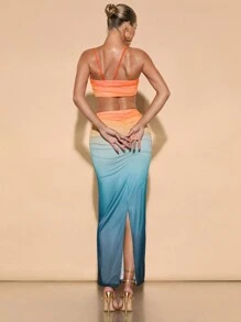 SHEIN BAE 女式渐变色细肩带短款上衣和渐变色高腰荷叶边下摆铅笔裙两件套，夏季海滩/休闲装