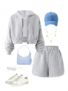 Tween Girls' Street Cool Tween Girl 3pcs Contrast Pipping Hooded Zipper Jacket, Tank Top And Shorts Casual Streetwear Outfit - Grey - View 1