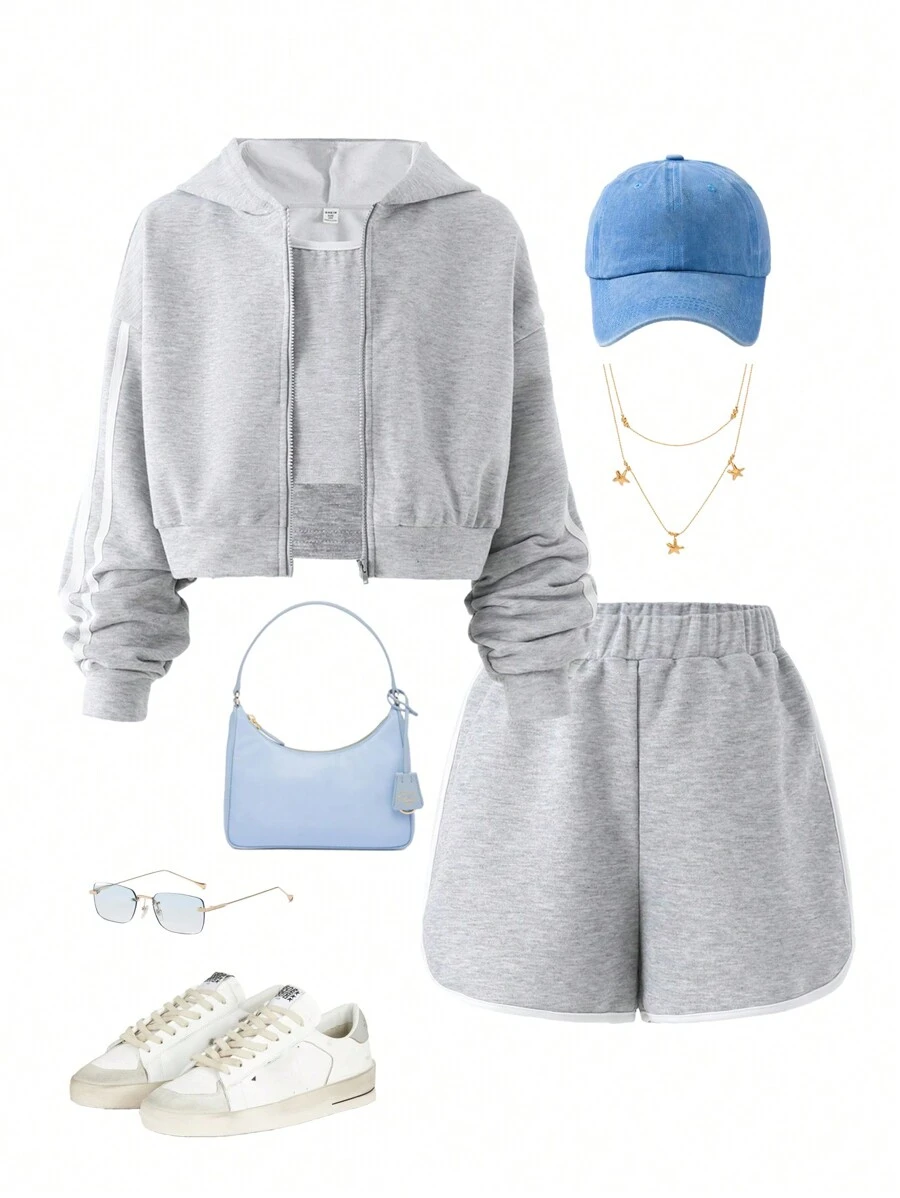 Tween Girls' Street Cool Tween Girl 3pcs Contrast Pipping Hooded Zipper Jacket, Tank Top And Shorts Casual Streetwear Outfit - Grey - View 1