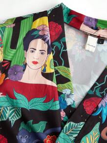 Frida Kahlo X SHEIN Fall And Winter Black Loose Plant & Figure Graphic Surrealism Dress, Fall - Black - View 4