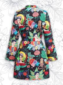 Frida Kahlo X SHEIN Fall And Winter Black Loose Plant & Figure Graphic Surrealism Dress, Fall - Black - View 2