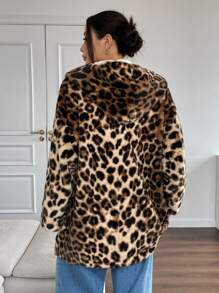 Muchica Reversible Leopard Print Fluffy Hooded Regular Jacket For Women - Multicolor - View 2