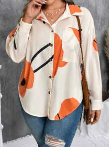 SHEIN VCAY Plus Size Floral Print Button Front Pockets Casual Long Sleeve Shirt