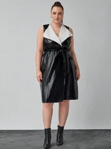 SHEIN Clasi Áo vest dài vừa có lót nhiệt cổ bẻ cỡ lớn có thắt lưng - màu đen - Xem 5