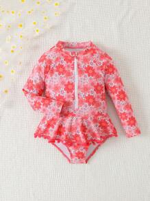 Random Print Young Girl One-Piece Swimsuit - Multicolor - View 5