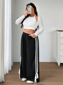 SHEIN EZwear Spodnie damskie Plus Size z elastycznym pasem i bocznymi paskami, luźne, swobodne, czarne