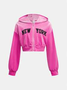 SHEIN Girlism Tween 女童纯粉色落肩字母刺绣长袖拉链连帽短款夹克带口袋和阔腿工装裤 2 件/套 - 粉色 - 查看 5