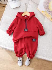 SHEIN 2 件男婴圣诞装饰针织领连帽衫和松紧腰裤套装，休闲运动百搭装，适合外出、居家、圣诞派对