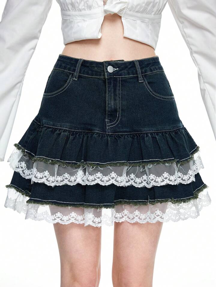 Our Kawaii Women Layered Lace Trim Low Waist Denim Mini Skirt is