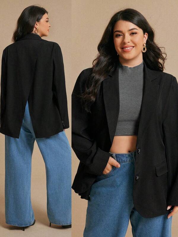 Elaquor Plus Size Women Solid Color Notched Collar Long Sleeve Casual Blazer Jacket In Fall/Winter