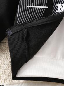 Baby Boys Letter Print Zip-Up Fleece Jacket With Hoodie, Warm Activewear Outwear, Autumn/Winter - Black and White - View 4