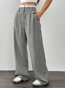 SHEIN EZwear Grey Woven Women's Striped Wide-Leg Pants - Grey - View 3