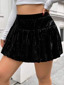 SHEIN EZwear Plus Size Women's Solid Color Pleated Minimalist A-Line Skirt, Casual Daily Wear - Black - View 3