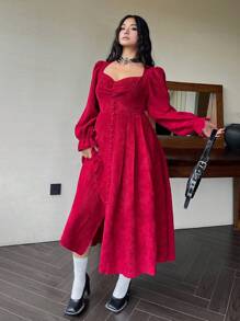 SHEIN Clasi 大码优雅红酒中长连衣裙，高腰，灯笼袖，纽扣细节，褶皱领和厚灯芯绒面料，适合秋冬季派对、会议、约会 - 酒紅色 - 查看 4
