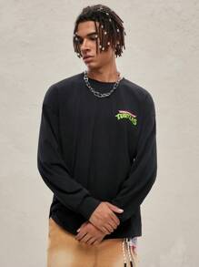 TEENAGE MUTANT NINJA TURTLES | SHEIN Áo thun nam in hình chú rùa hoạt hình và khẩu hiệu, dáng rộng, mùa xuân và thu - màu đen - Xem 6