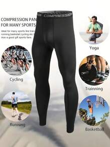 Manfinity Sport PWRUP 男友风格男士字母印花弹力腰部压缩紧身裤，瑜伽