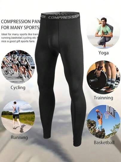 Manfinity Sport PWRUP 男友风格男士字母印花弹力腰部压缩紧身裤，瑜伽